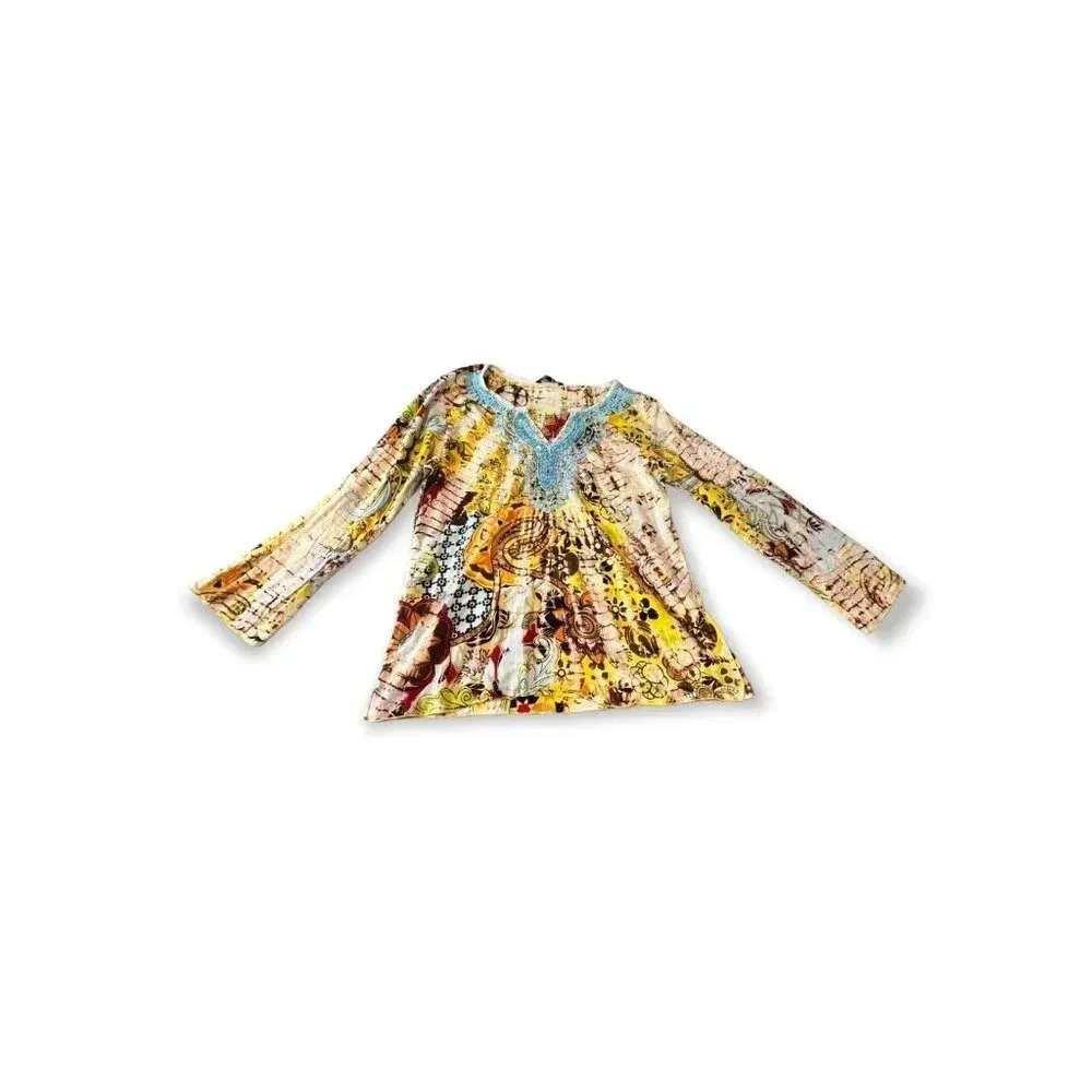 Chaudry KC Womens Floral Paisley Beaded‎ Tunic Top Sz L Sequin Boho Beach Hippie